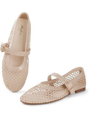 Women's Nude Mesh Flats Buckle Strap Mary Jane Ballerina Flats Fishnet Shoes